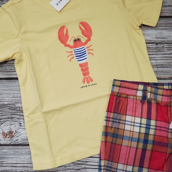 Janie and Jack Lobster Print T-Shirt and Plaid Shorts Outfit NWT - Picture 5 of 10